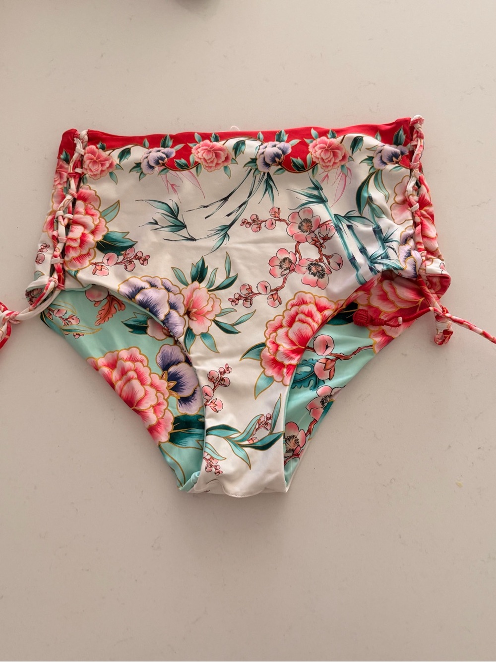 Agua Bendita Reversible Floral High-Waist Bikini Bottom in White, Teal & Coral
